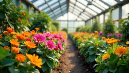 Fototapeta premium Vibrant blooms burst forth in lush greenhouse, growth, bright