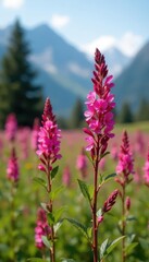 Vibrant pink fireweed blossoms in the Yukon, sunny day , pink, wildflower, outdoor