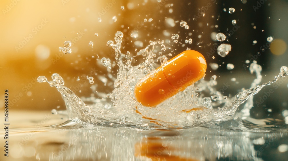 Aufkleber yellow capsule splashing into water creating dynamic droplets and ripples