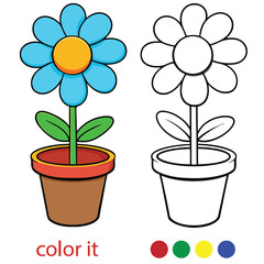 Cute Flower in Pot Coloring Page for Kids | Simple Floral Outline Illustration for Children’s Activity, Printable Spring Flower Pot Art for Coloring Book or Worksheet. Adobe Illustrator Artwork