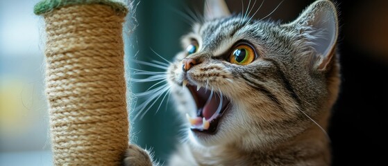 Aggressive tabby cat is hissing with open mouth revealing sharp teeth while clutching at a cat scratch post, showcasing defensive behavior.