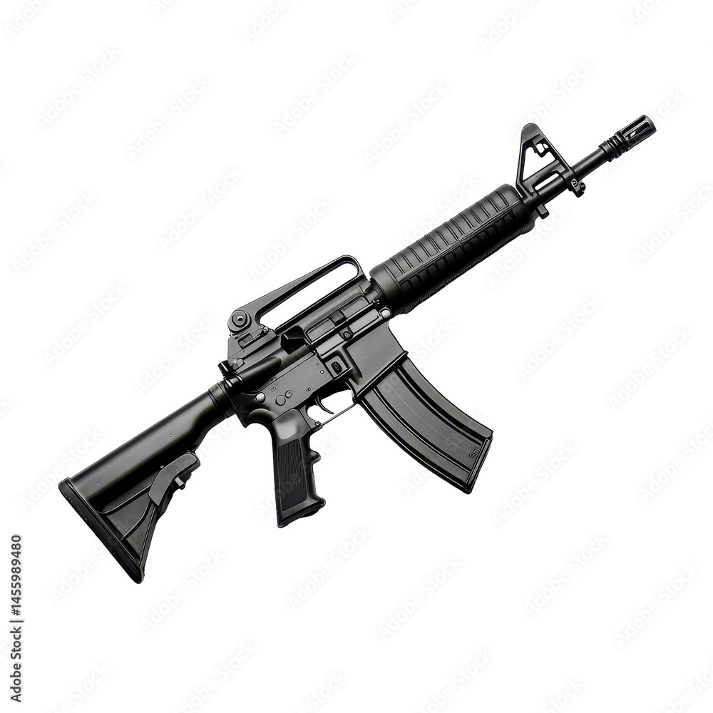 Poster black semi-automatic rifle displayed on a white background highlighting its design and features