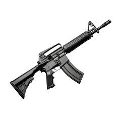 Black semi-automatic rifle displayed on a white background highlighting its design and features