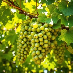 A lush bunch of green grapes with vibrant leaves, sunlight dappled, vine, grapes, green