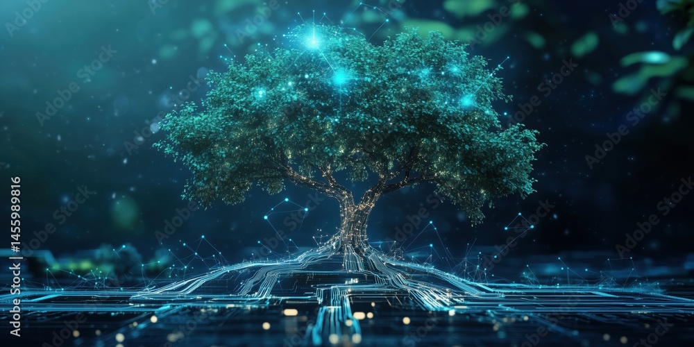 Aufkleber digital tree with glowing roots and branches representing technology and nature integration