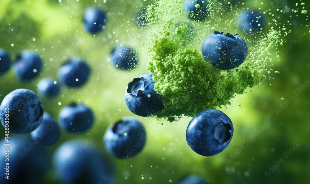 Poster blueberries exploding with vibrant green powder creating dynamic food art
