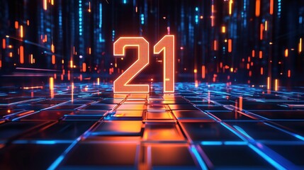 Futuristic digital landscape featuring glowing number 21 in neon lights