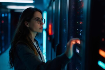 IT engineer inspecting server racks in a data center, ensuring optimal performance and security