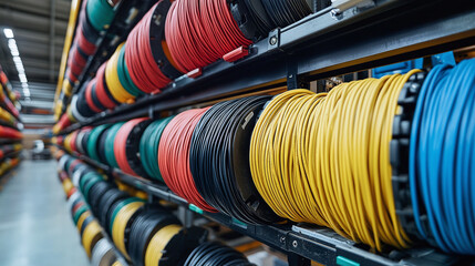 Large coils with colored electrical wires on huge shelves in an industrial plant. Manufacture of electrical wiring for cars