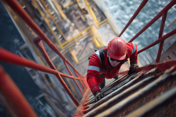 Oil rig worker wearing safety gear climbs a ladder on an offshore platform, performing maintenance and inspection tasks