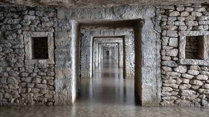 Obraz premium Exploring the hidden catacombs of Paris with sewer workers navigating the wet stone labyrinth