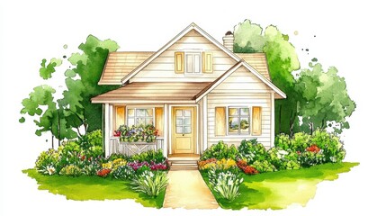 Charming watercolor home illustration with lush garden a picturesque house sketch surrounded by greenery and floral elements