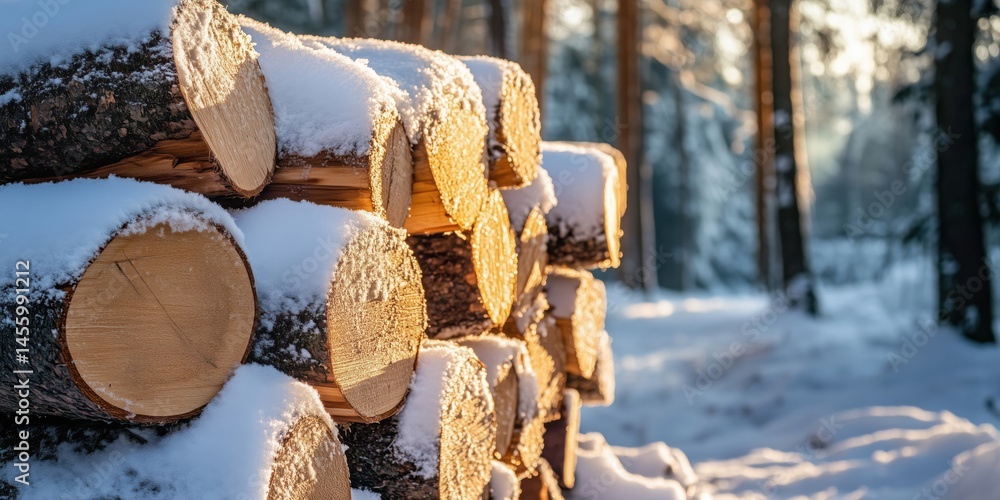 Poster snow-covered logs stacked in winter forest with sunlight filtering through trees