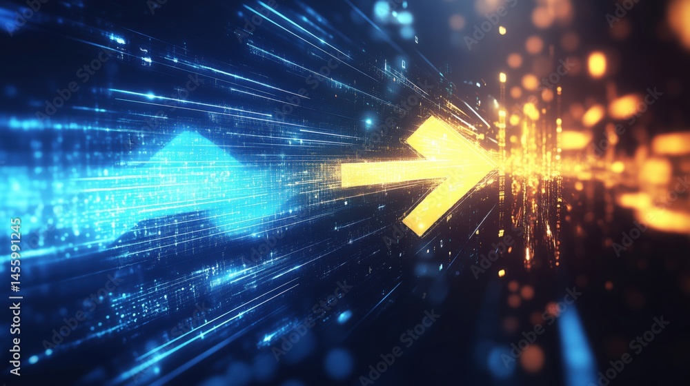 Poster dynamic digital arrow representing progress and technology with glowing particles