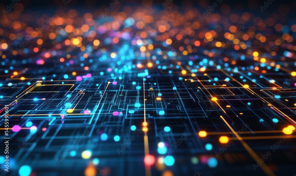 Poster abstract digital network with glowing nodes and lines in vibrant colors