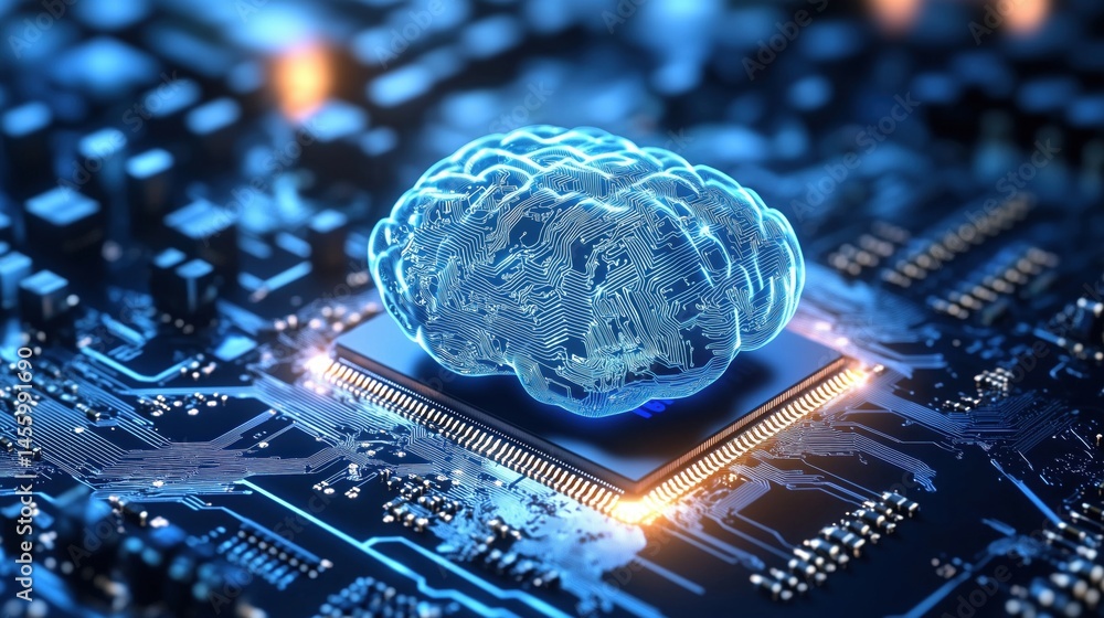 Poster artificial intelligence brain on microchip circuit board representing technology and innovation