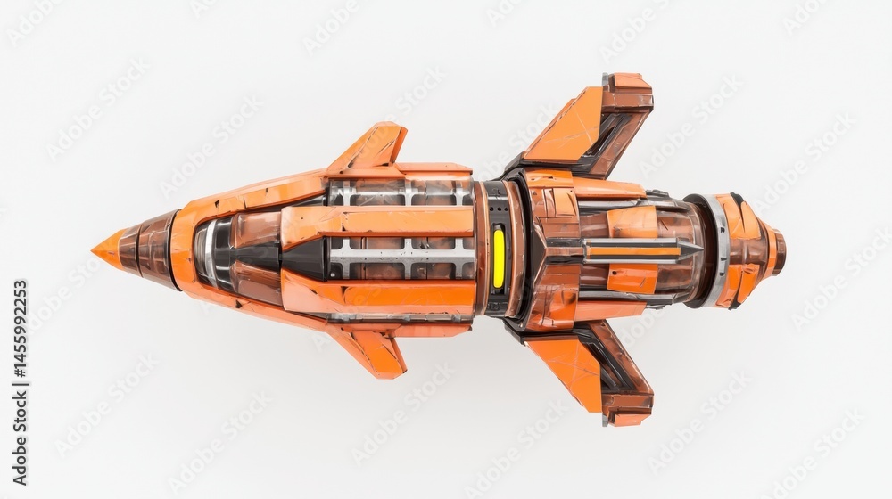 Poster a futuristic orange spaceship with a pointed nose and glowing yellow light on its side.
