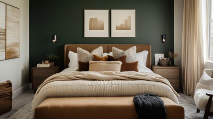 Modern cozy bedroom with green accent wall and stylish decor elements