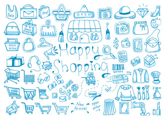 Whimsical Doodle Collection of Shopping Icons Including Bags, Products, and Accessories Illustrating a Joyful Shopping Experience