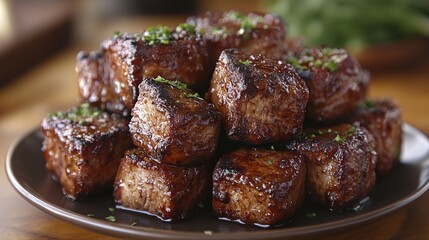 Stack of cooked meat cubes on a plate with green garnish.