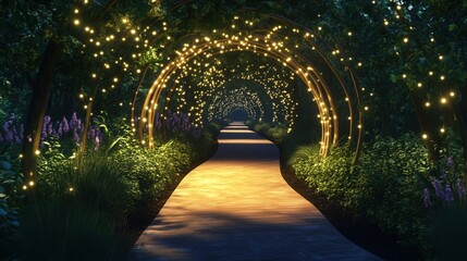 Magical illuminated pathway with fairy lights and lush greenery at night