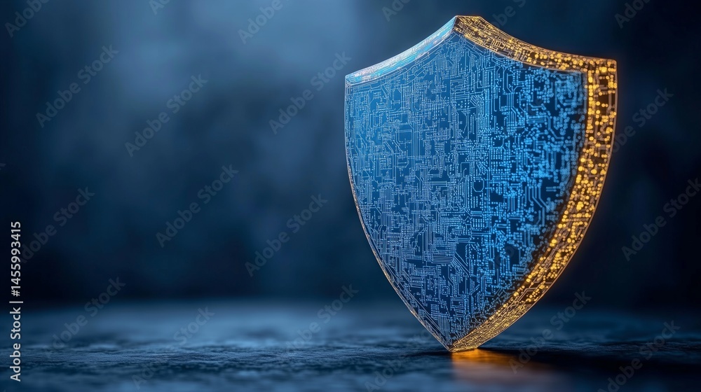 Poster glowing digital shield protecting futuristic circuit board, symbolizing cybersecurity and data prote