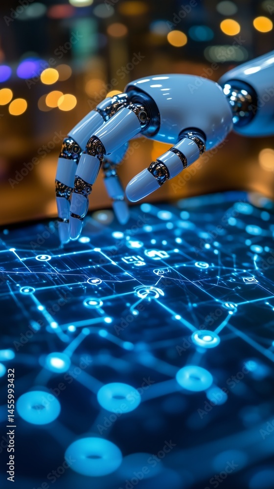 Poster robotic hand touching interactive screen with network connections, symbolizing automation, technolog