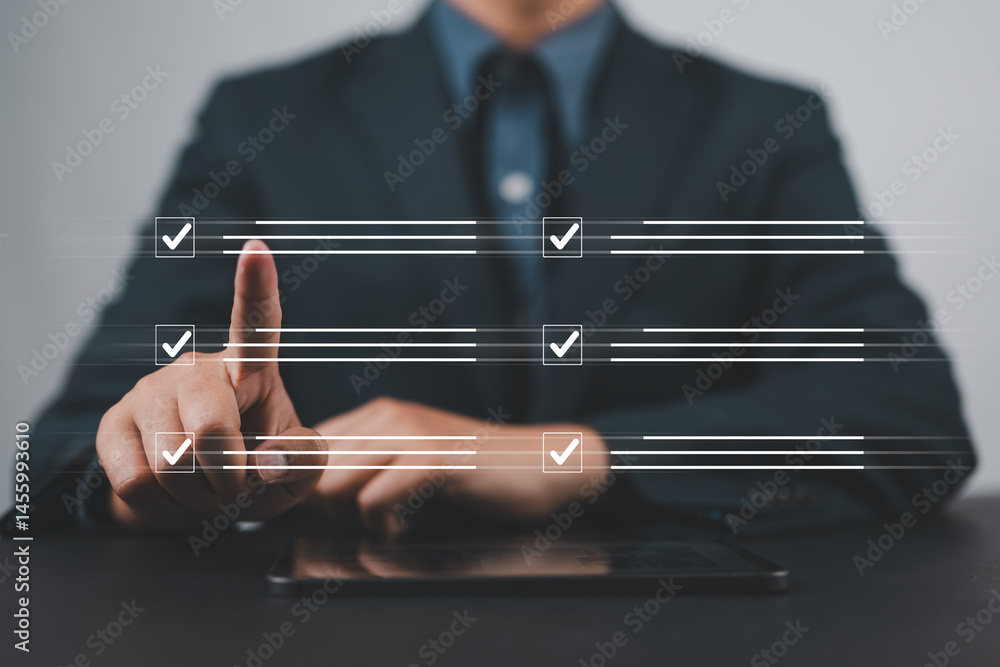 Poster Digital business performance monitoring survey filling with tablet, Businessman enhancing business performance with comprehensive online survey checklist, Technology in education learning.