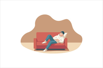 Illustration of a young man sleeping on a red sofa, wearing a hoodie and jeans, with a minimalist abstract background. Cozy and relaxed atmosphere, perfect for lifestyle and relaxation themes.