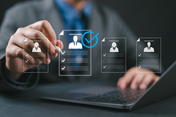 Human resource management technology, Human resource manager touching human resource network structure and checks the CV online to choose the perfect employee for company, Effective recruitment.