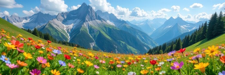 Fototapeta premium Vibrant wildflowers carpet alpine meadow, majestic peaks loom , summer, light