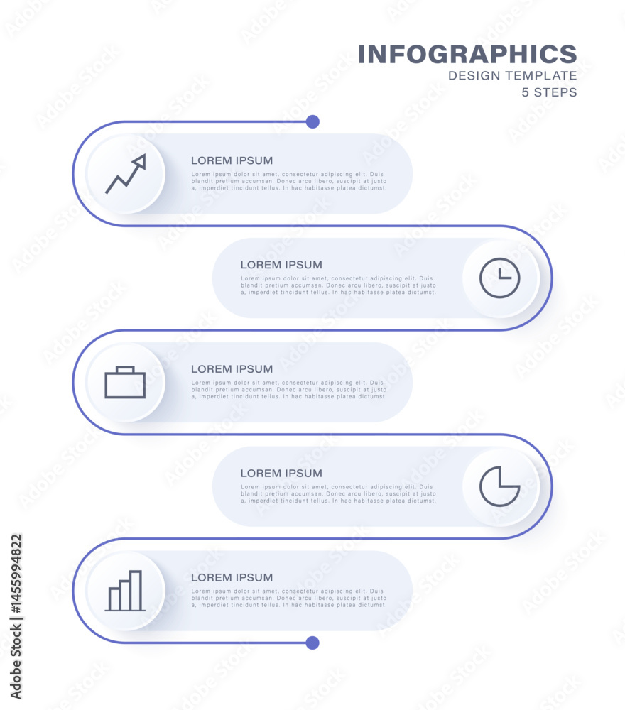 Aufkleber vector vertical infographics with five steps or options. sections with text and icons for slides bus