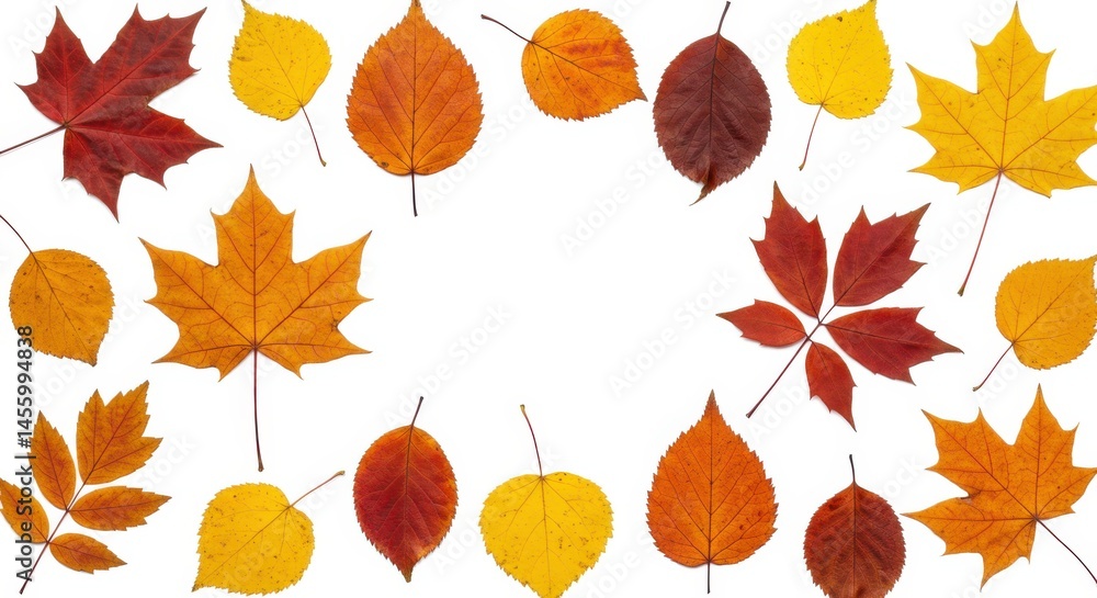 Poster assorted colorful autumn leaves arranged in a circle on a white background creating an empty space