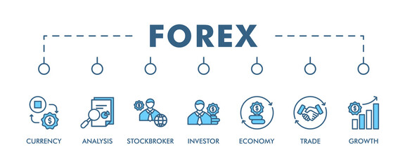 Forex banner web icon vector illustration concept with icon of currency, economy, trade, investor, growth, analysis and stockbroker