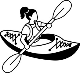 black and white illustration of a woman paddling a red kayak