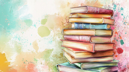 Watercolor illustration stack of books against abstract background. World book day, education, library, learning concept. Literature, knowledge, study, school, university, college, reading