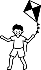 black and white illustration of a boy is flying a kite