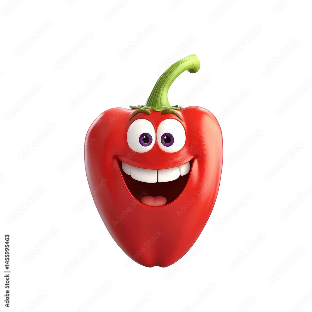 Poster happy red pepper character with a big smile and animated features in a playful setting