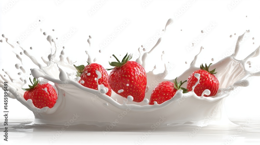Poster fresh strawberries splash in creamy milk, creating a dynamic and appetizing scene that highlights fr