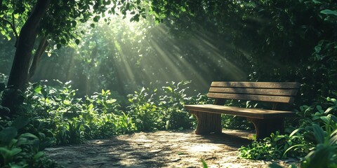Serene wooden bench in sunlit forest surrounded by lush greenery and soft light