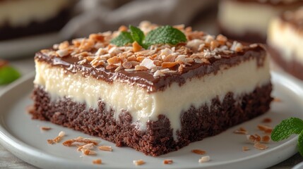 Square cake with chocolate icing and coconut flakes on a plate.