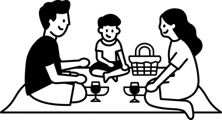 black and white illustration of a family enjoying a picnic