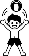 black and white illustration of a boy playing with a beach ball
