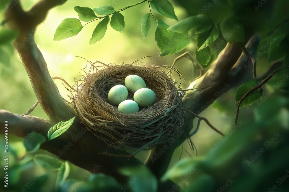 Poster four robin eggs rest in a nest nestled on a tree branch, bathed in the soft light of a spring mornin