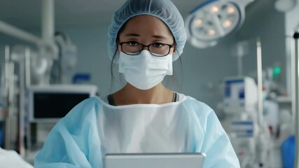 A woman in a hospital setting is wearing a surgical mask and gloves while holding a tablet. She is focused on the screen, possibly reviewing patient information or medical records - Powered by Adobe
