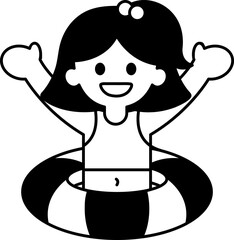 black and white illustration of a girl wearing a swimming ring