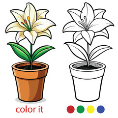 Cute Flower in Pot Coloring Page for Kids | Simple Floral Outline Illustration for Children’s Activity, Printable Spring Flower Pot Art for Coloring Book or Worksheet. Adobe Illustrator Artwork