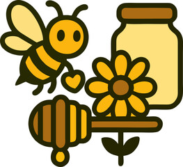 A Charming Cartoon Image Depicts A Bee Honey Jar Dipper And Flower All In Soft Warm Colors