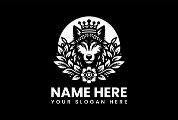 Fototapeta premium Playful cartoon wolf wearing a royal crown with floral wreath in bold vector logo design, representing strength, loyalty, and wild charm for fun branding 