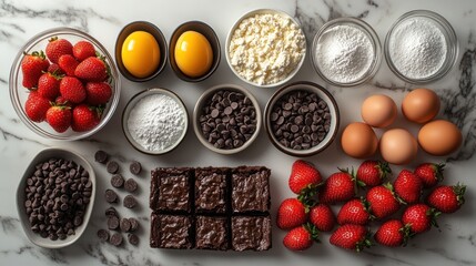 Ingredients for baking brownies including eggs chocolate chips and strawberries on marble.